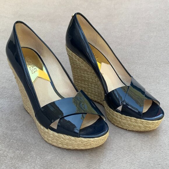 MICHAEL Michael Kors Navy Blue Leather Patent Espadrille Wedges Sz8 - Picture 5 of 16